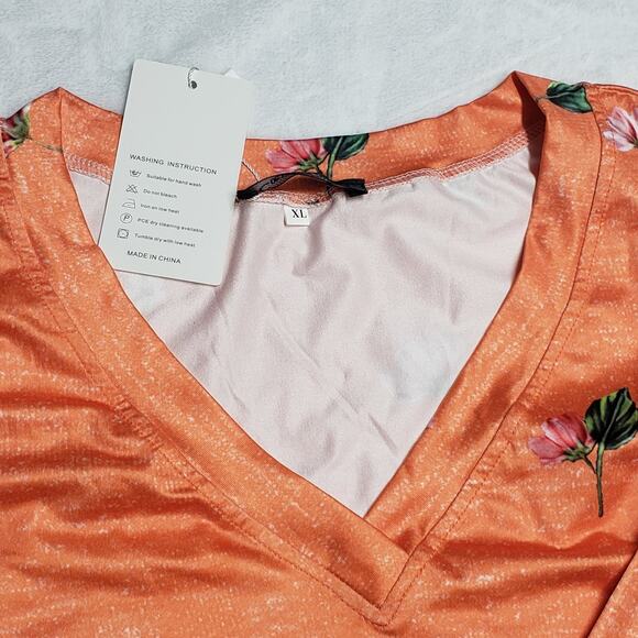 NWT Coeur De Vague XL Tunic Top Orange Floral V-Neck Stretch Long Sleeve - Picture 5 of 9